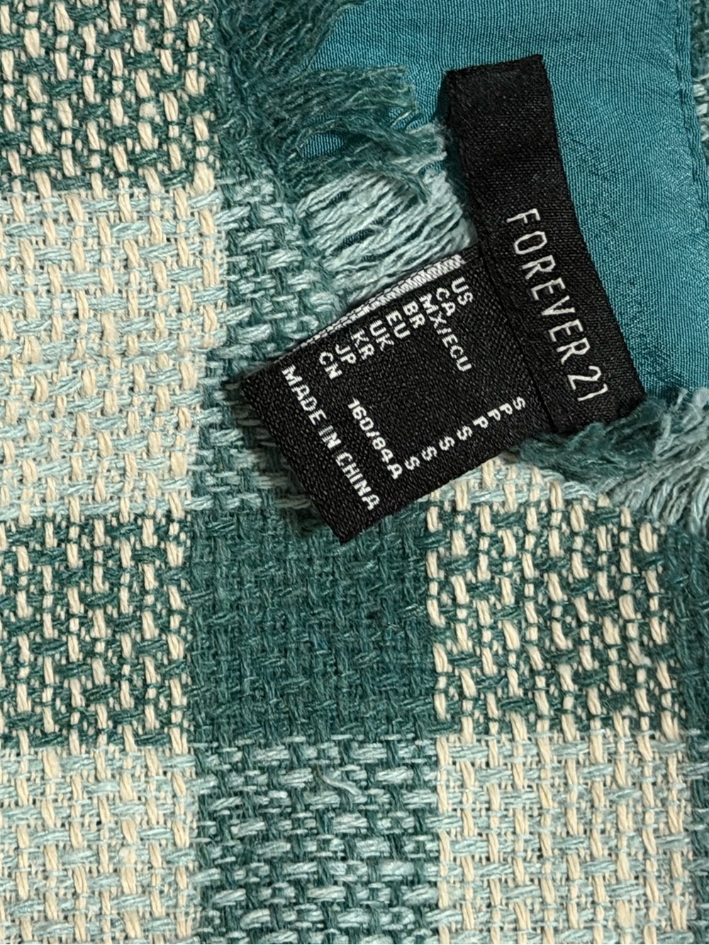 Forever 21 Teal & Cream Plaid Fringe Scarf